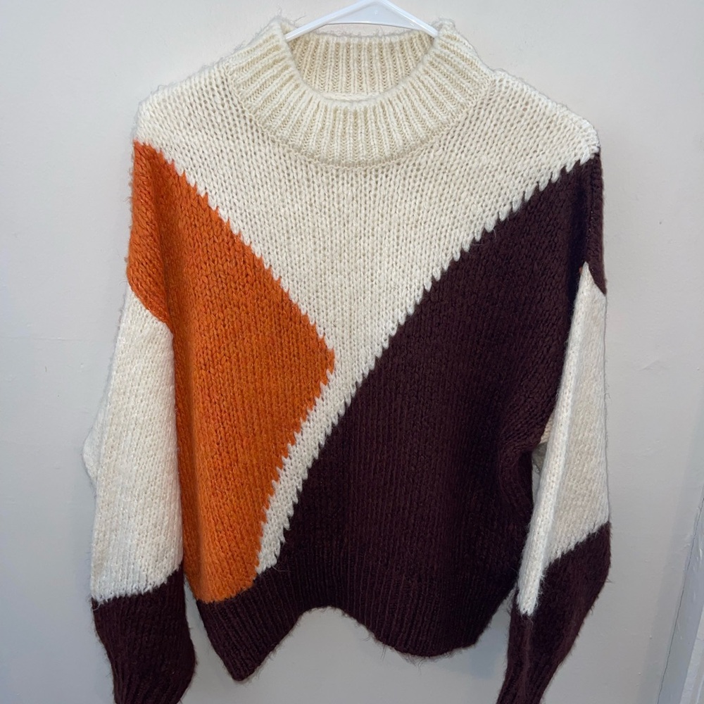 Colorblock Knit Sweater - Cream, Orange, Brown by JDY Sz M